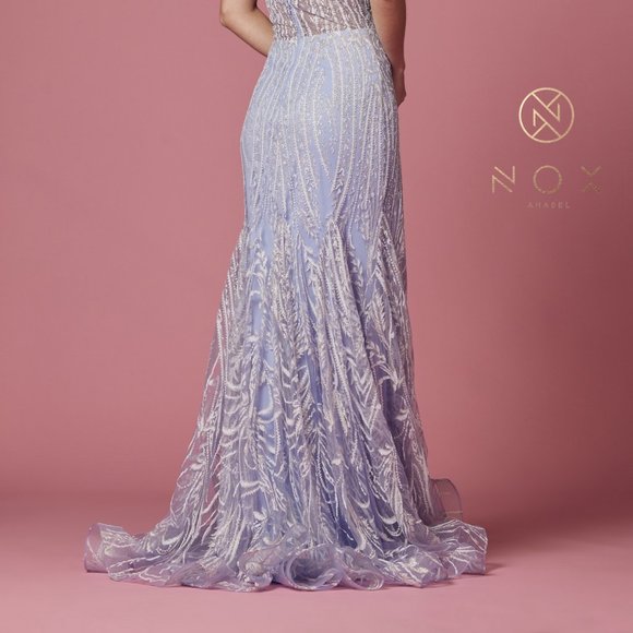 NEW LONG OFF THE SHOULDER SLEEVELESS SHEATH DRESS EMBROIDERED WITH LACE NX T1010 - Picture 8 of 8